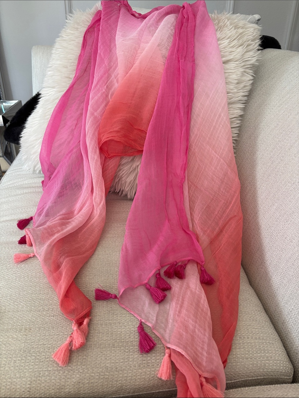 Talbots Pink to Coral Ombre Tassel Scarf 70x25